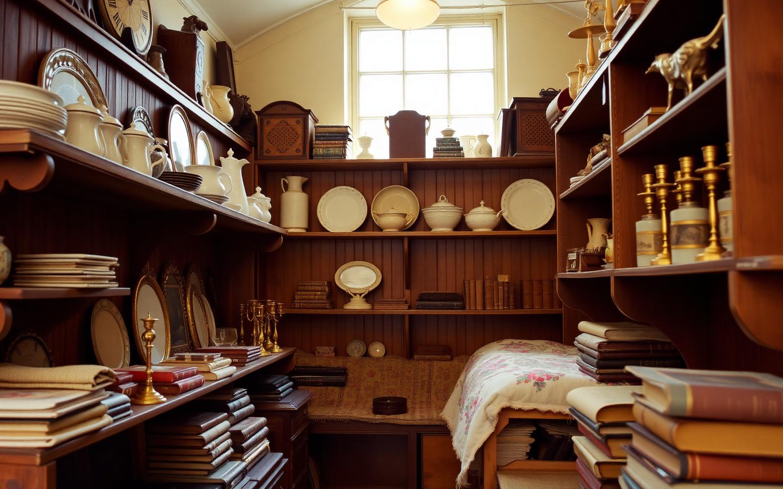 Shelves of antique dishes, books and brass in the shop